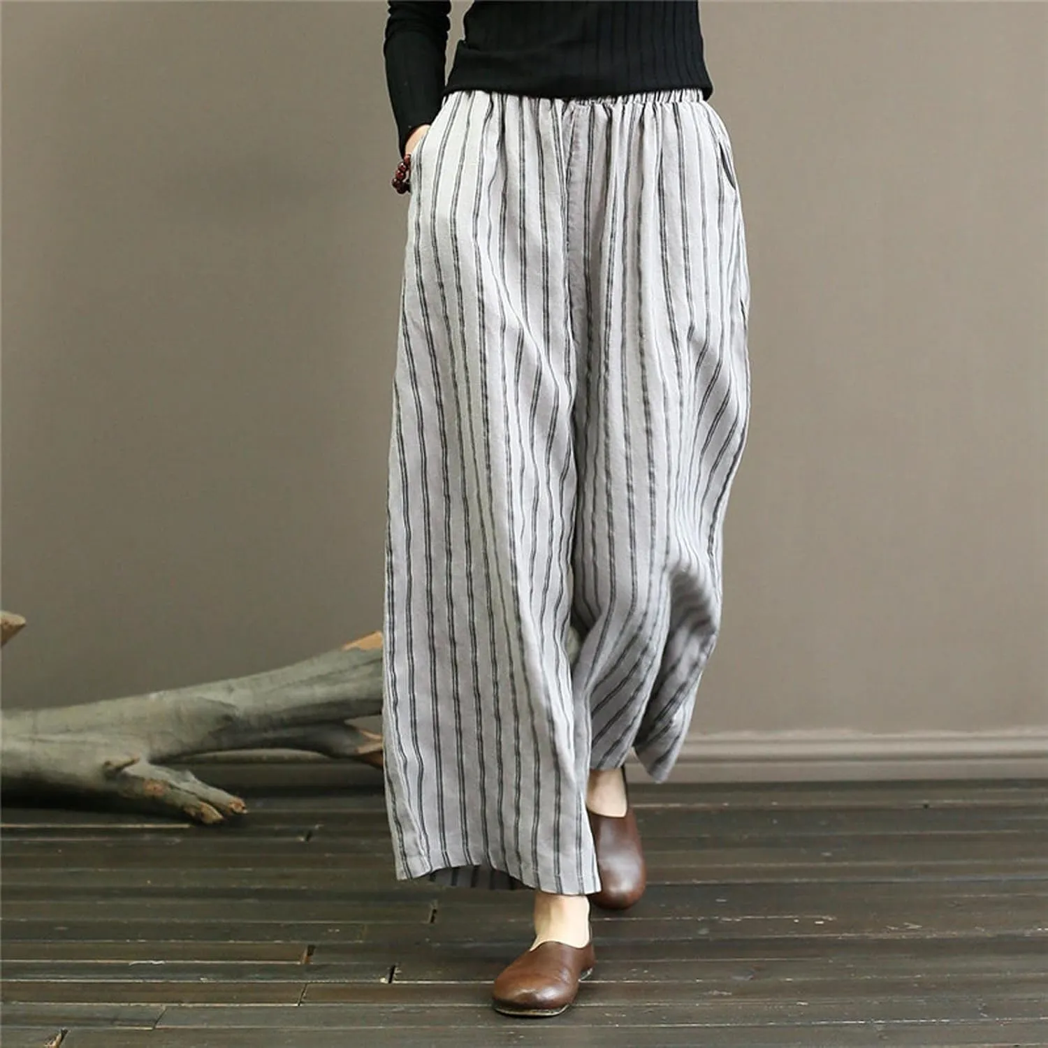 fartey Womens Wide Leg Linen Pants Lightweight Loose Fit Harem Pants Elastic Waist Casual Summer Beach Trousers with Pockets