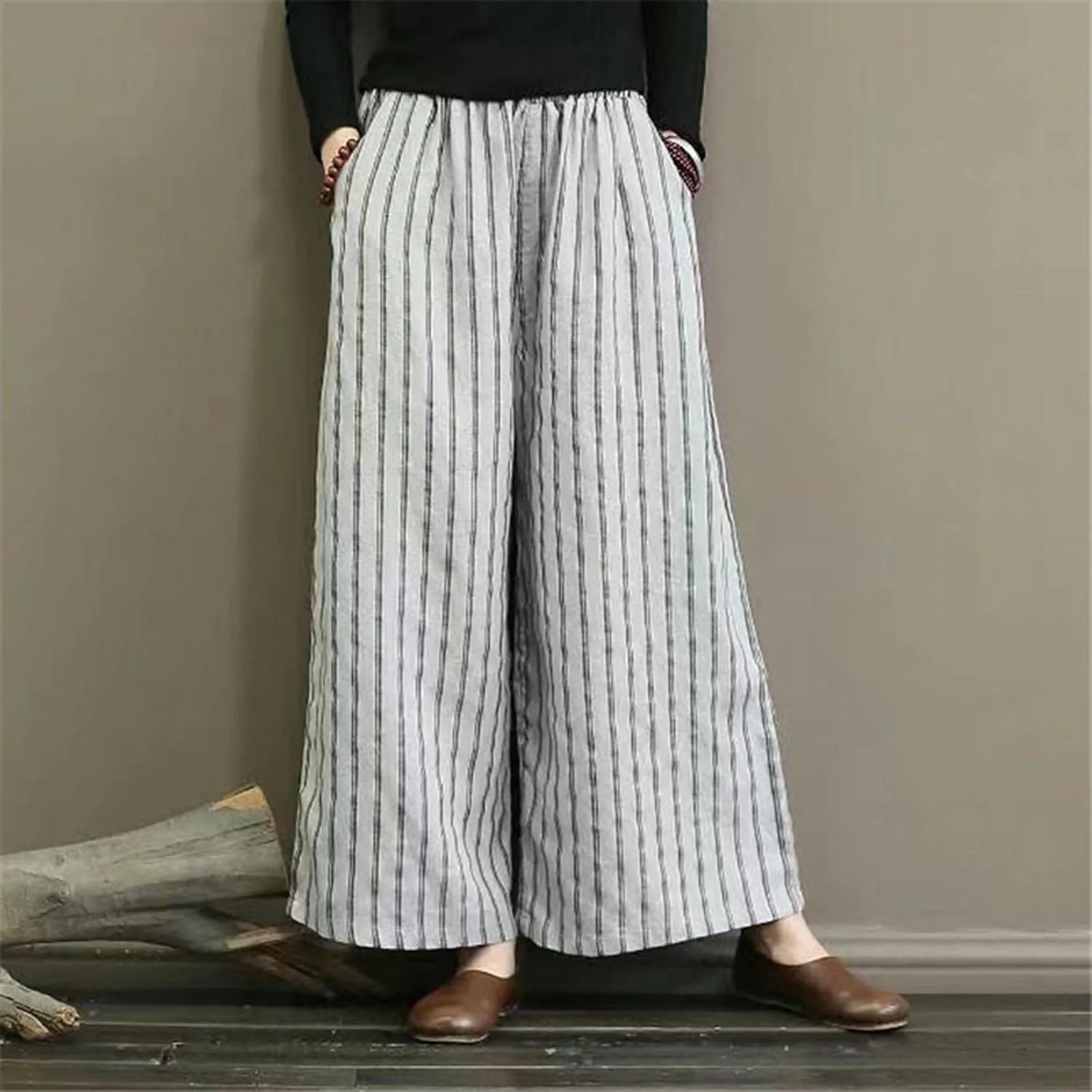 fartey Womens Wide Leg Linen Pants Lightweight Loose Fit Harem Pants Elastic Waist Casual Summer Beach Trousers with Pockets