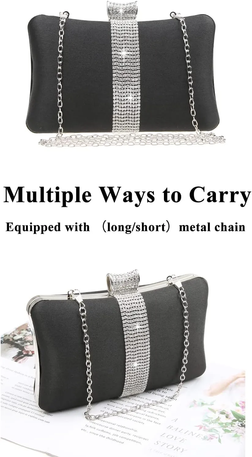Fashion Womens Jane Satin Diamante Clutch Rhinestone Evening Bridal Prom Party Handbag Crossbody Purse Chain Bag