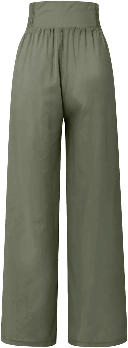 FlekmanArt Linen Wide Leg Pants Women Comfy Flowy High Waisted Beach Palazzo Pants with Pockets 2024