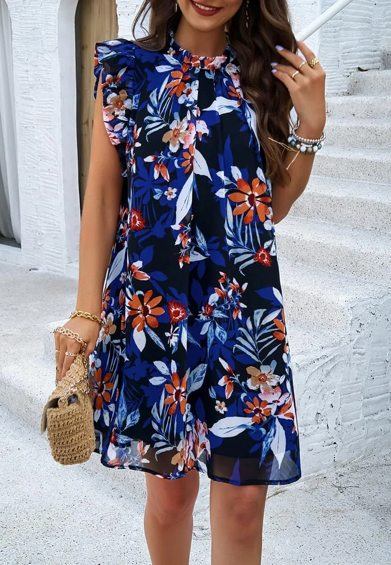 Floral Dresses for Women Summer Loose Casual Short Ruffle Sleeve Print Mini Dress