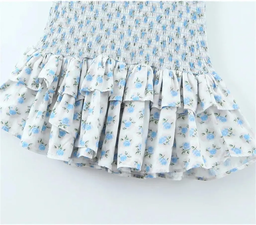 Floral Print Mini Slip Dress for Women Elastic High Stretch Sheath Dress with Ruffles Backless Design