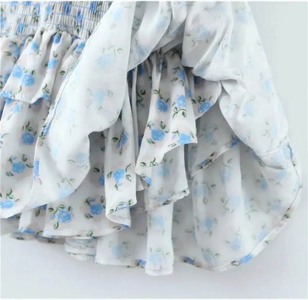 Floral Print Mini Slip Dress for Women Elastic High Stretch Sheath Dress with Ruffles Backless Design