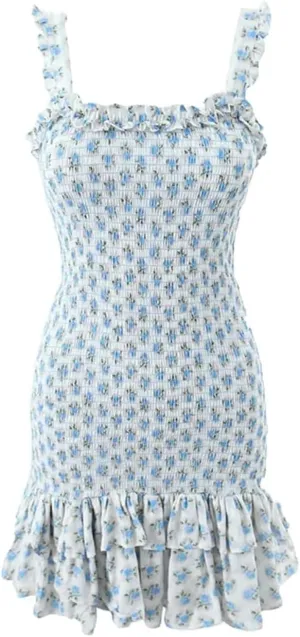 Floral Print Mini Slip Dress for Women Elastic High Stretch Sheath Dress with Ruffles Backless Design