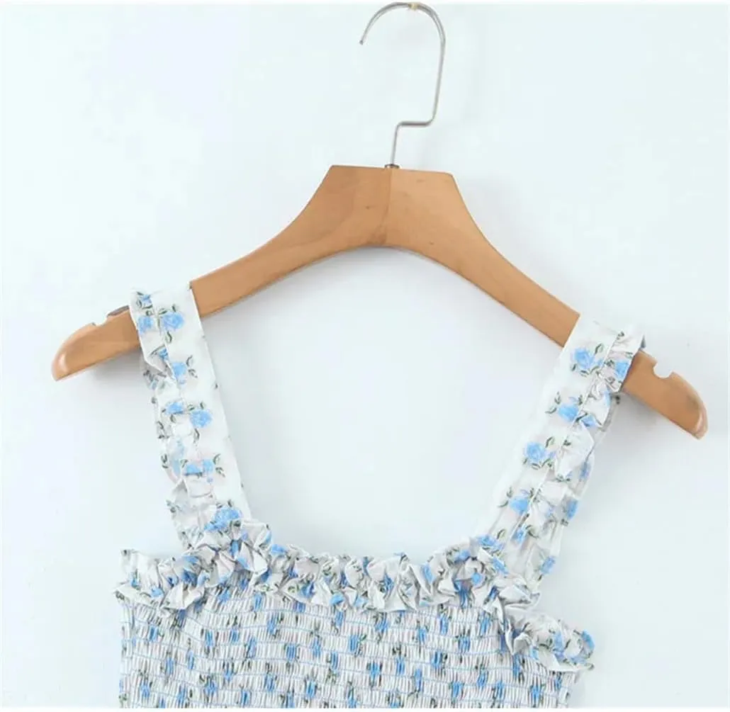 Floral Print Mini Slip Dress for Women Elastic High Stretch Sheath Dress with Ruffles Backless Design