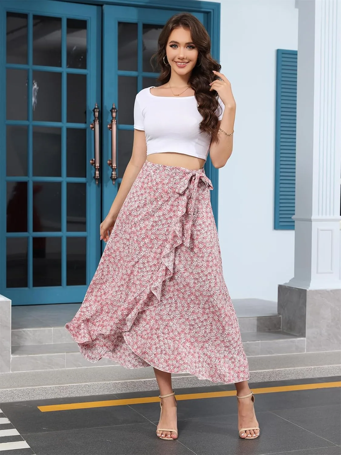 Floral Print Ruffle Waist Maxi Skirt for Women with Side Adjustable Waistband