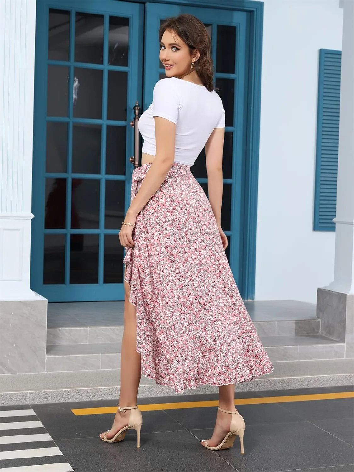 Floral Print Ruffle Waist Maxi Skirt for Women with Side Adjustable Waistband