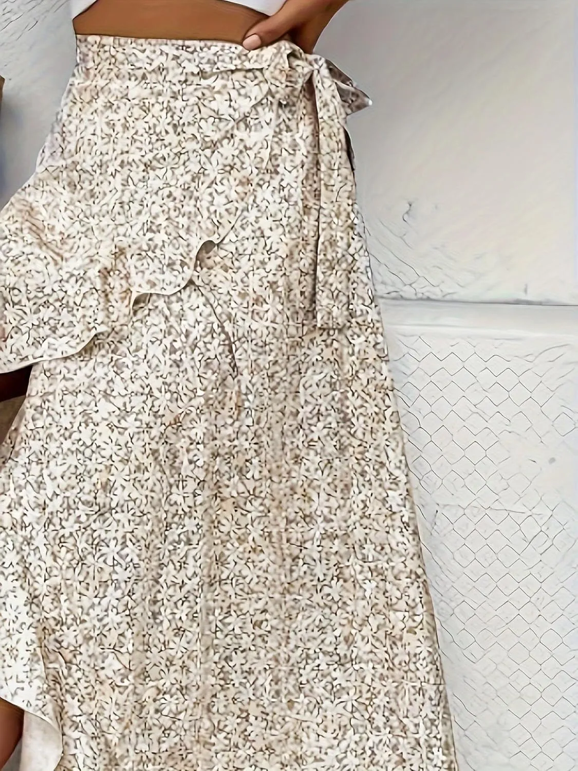 Floral Print Ruffle Waist Maxi Skirt for Women with Side Adjustable Waistband