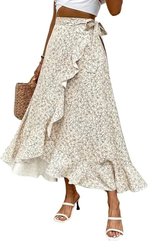 Floral Print Ruffle Waist Maxi Skirt for Women with Side Adjustable Waistband