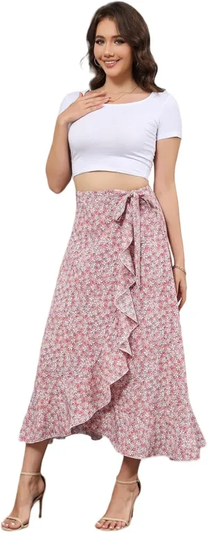 Floral Print Ruffle Waist Maxi Skirt for Women with Side Adjustable Waistband