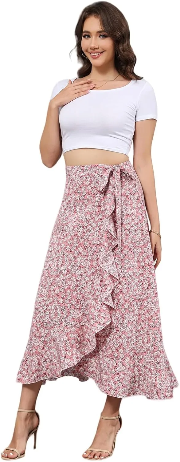 Floral Print Ruffle Waist Maxi Skirt for Women with Side Adjustable Waistband