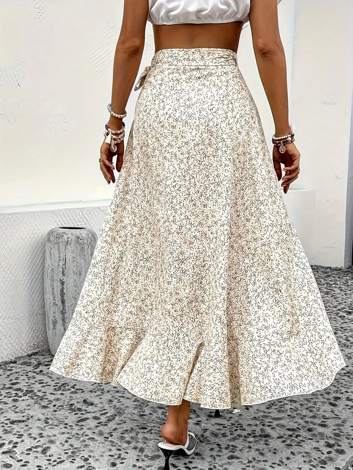 Floral Print Ruffle Waist Maxi Skirt for Women with Side Adjustable Waistband