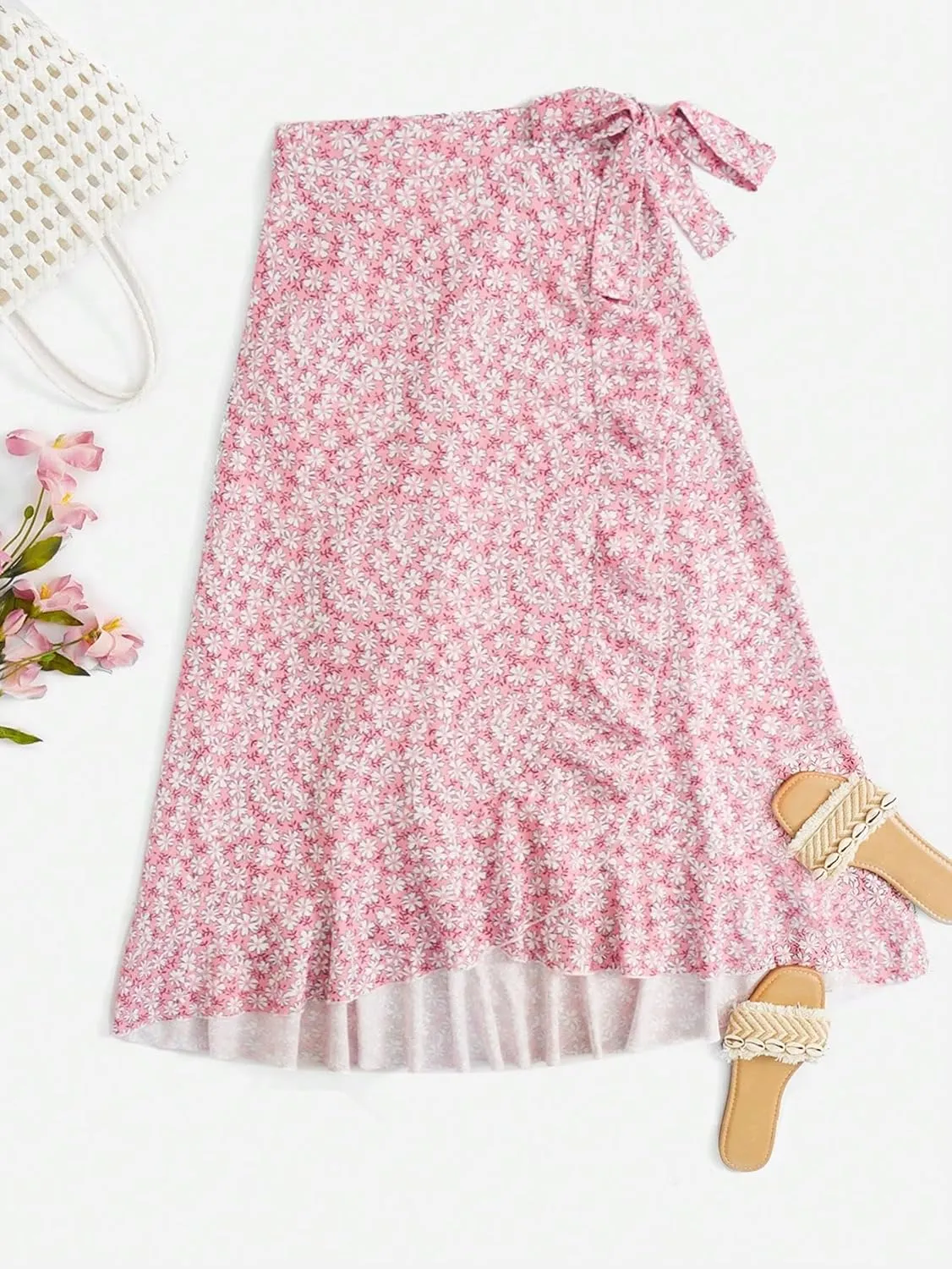 Floral Print Ruffle Waist Maxi Skirt for Women with Side Adjustable Waistband