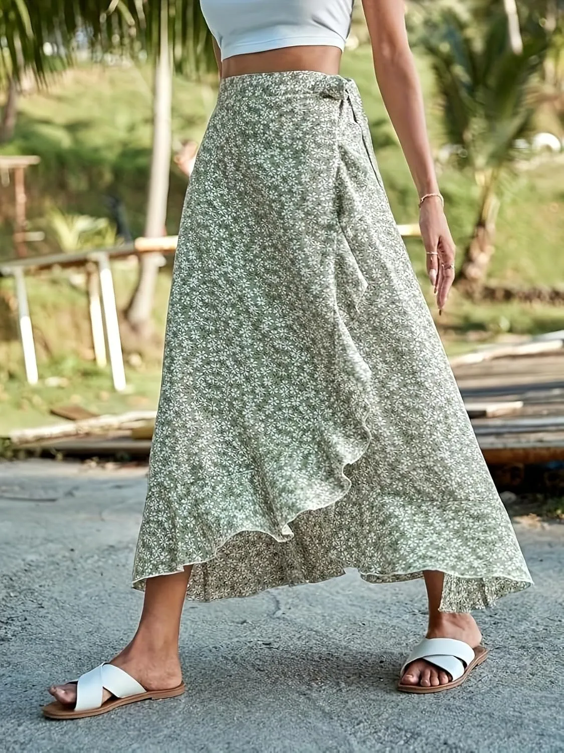 Floral Print Ruffle Waist Maxi Skirt for Women with Side Adjustable Waistband