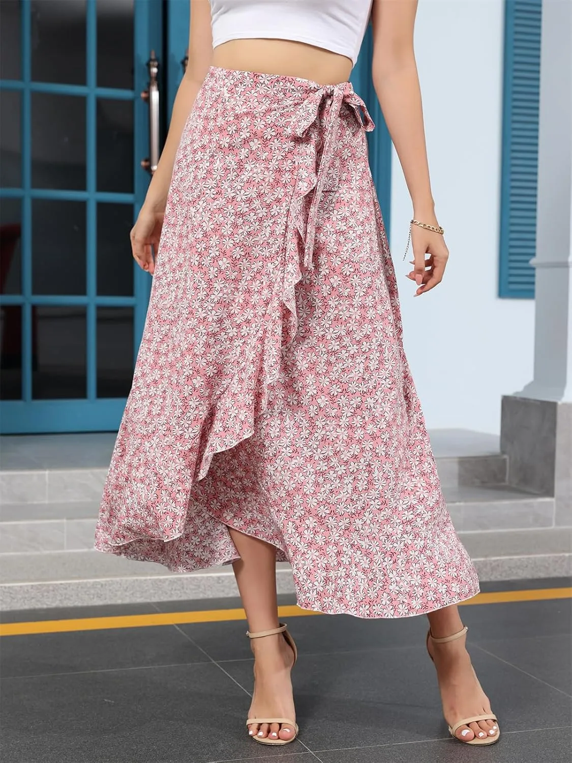 Floral Print Ruffle Waist Maxi Skirt for Women with Side Adjustable Waistband