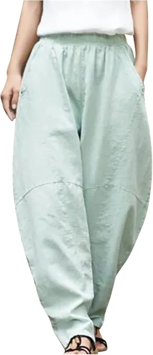 Flowy Womens Linen Pants Drawstring High Waist Pants Casual Wide Leg Slacks Summer Trendy Long Trouser with Pockets