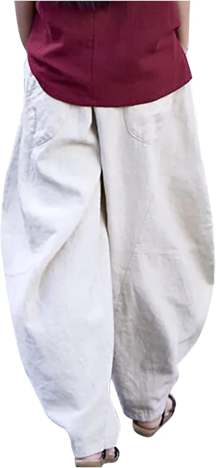 Flowy Womens Linen Pants Drawstring High Waist Pants Casual Wide Leg Slacks Summer Trendy Long Trouser with Pockets