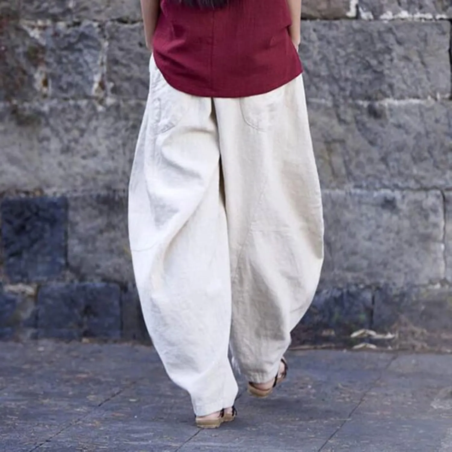 Flowy Womens Linen Pants Drawstring High Waist Pants Casual Wide Leg Slacks Summer Trendy Long Trouser with Pockets