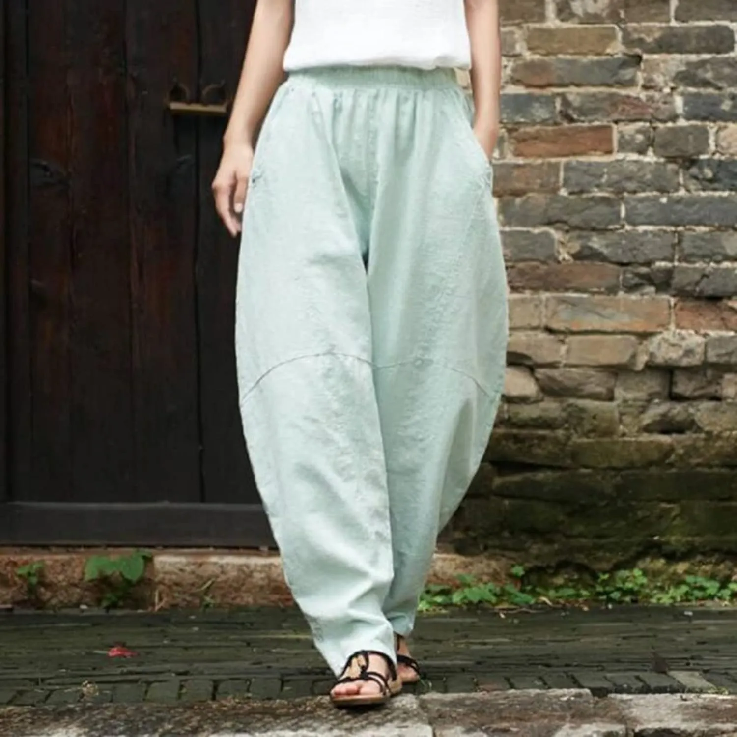 Flowy Womens Linen Pants Drawstring High Waist Pants Casual Wide Leg Slacks Summer Trendy Long Trouser with Pockets
