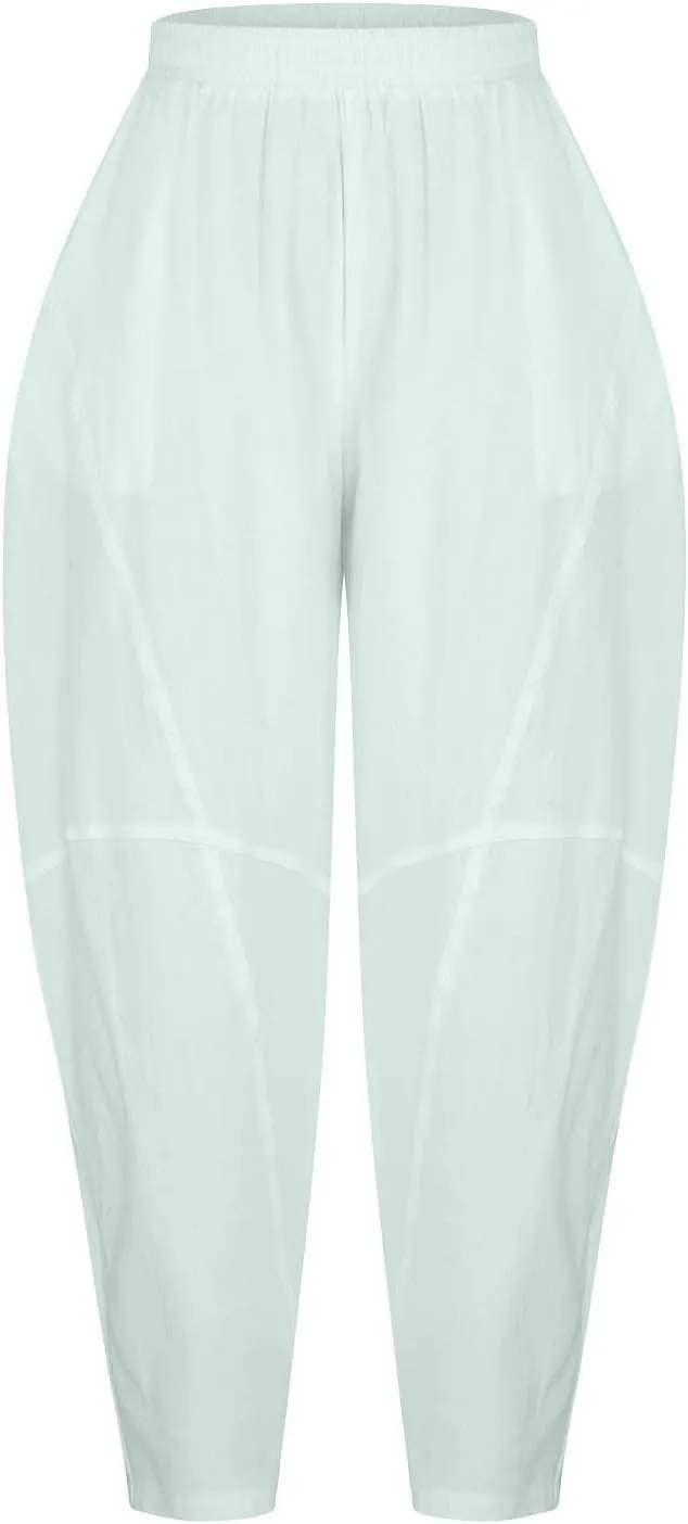 Flowy Womens Linen Pants Drawstring High Waist Pants Casual Wide Leg Slacks Summer Trendy Long Trouser with Pockets