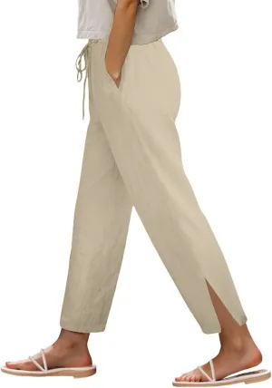 FZVYD Linen Pants for Women 2025 Summer High Waist Elastic Straight Leg Lounge Pant Casual Loose Lightweight Beach Trousers