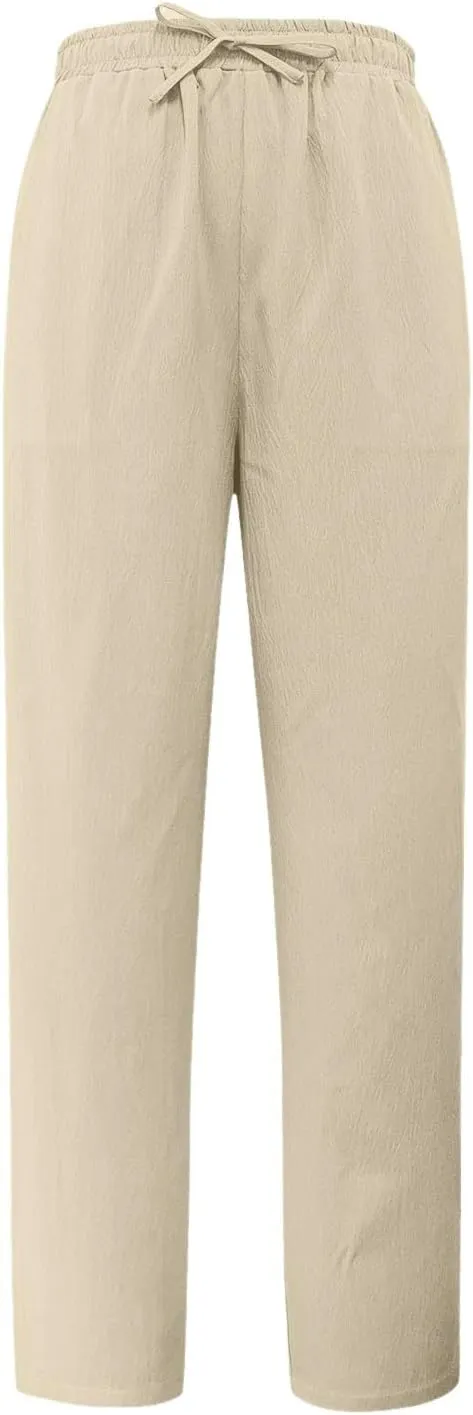 FZVYD Linen Pants for Women 2025 Summer High Waist Elastic Straight Leg Lounge Pant Casual Loose Lightweight Beach Trousers