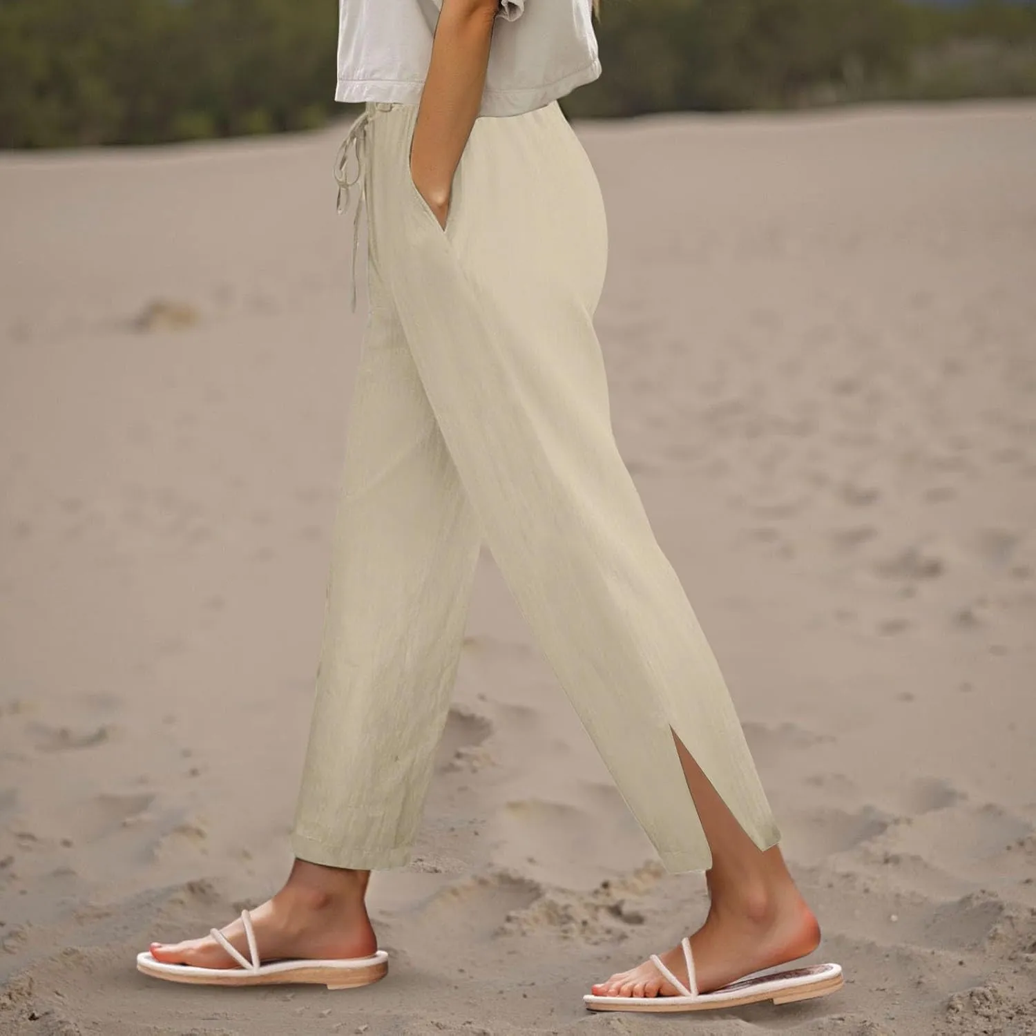 FZVYD Linen Pants for Women 2025 Summer High Waist Elastic Straight Leg Lounge Pant Casual Loose Lightweight Beach Trousers