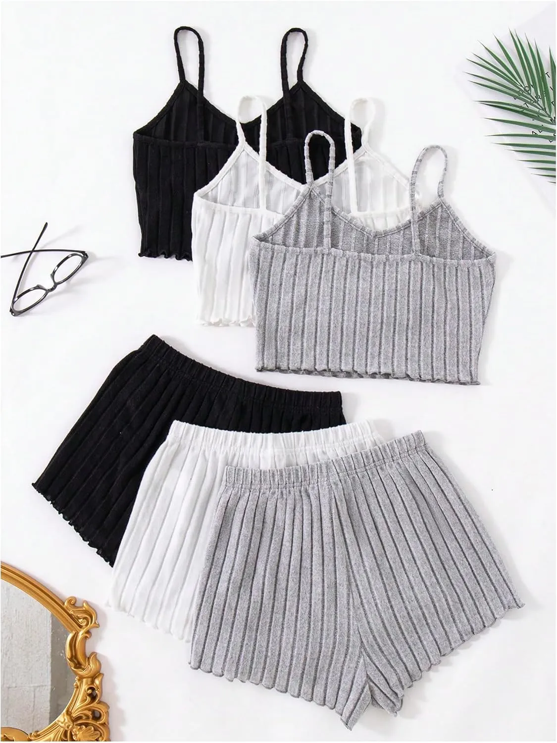 GORGLITTER Women's 6 Piece Ribbed Pajama Set Spaghetti Strap Cami Crop Top and Shorts Lounge Set Sleepwear