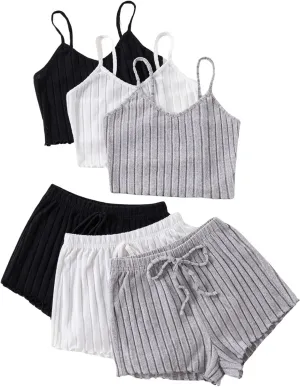 GORGLITTER Women's 6 Piece Ribbed Pajama Set Spaghetti Strap Cami Crop Top and Shorts Lounge Set Sleepwear