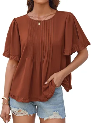 GRACE KARIN Women's 2025 Summer Babydoll Tops Casual Crewneck Ruffle Sleeve Shirts Loose Fit Pleated Blouse Outfits