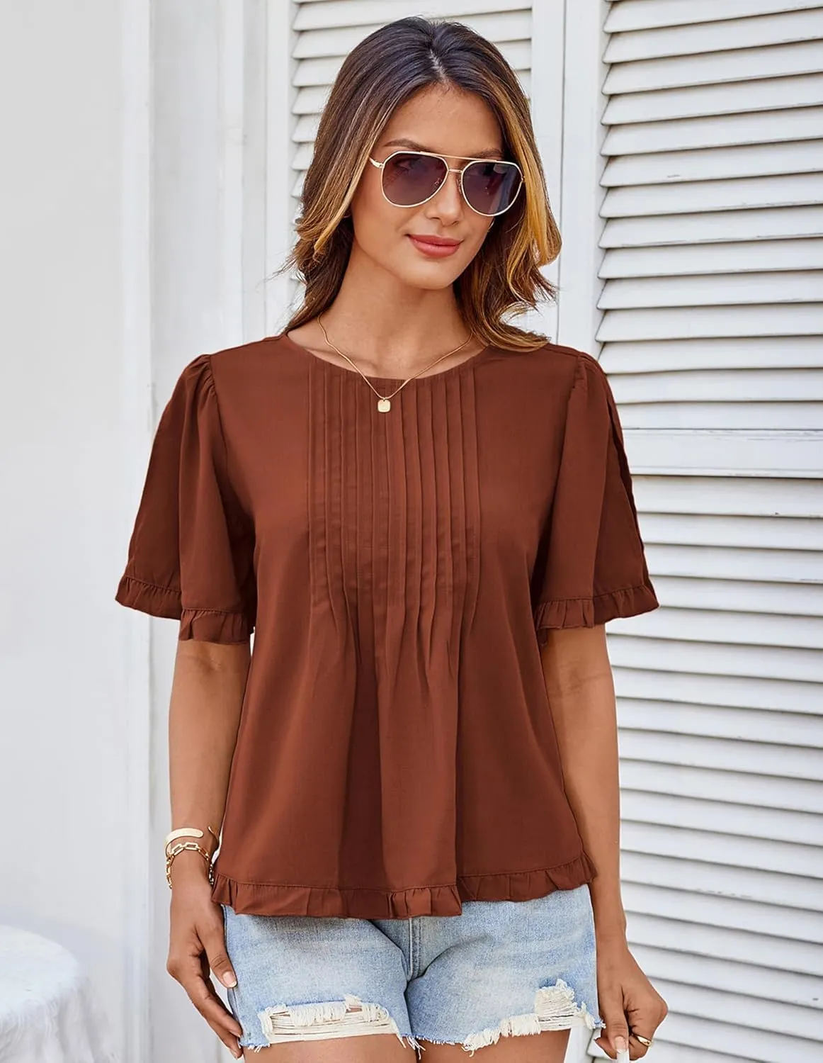 GRACE KARIN Women's 2025 Summer Babydoll Tops Casual Crewneck Ruffle Sleeve Shirts Loose Fit Pleated Blouse Outfits