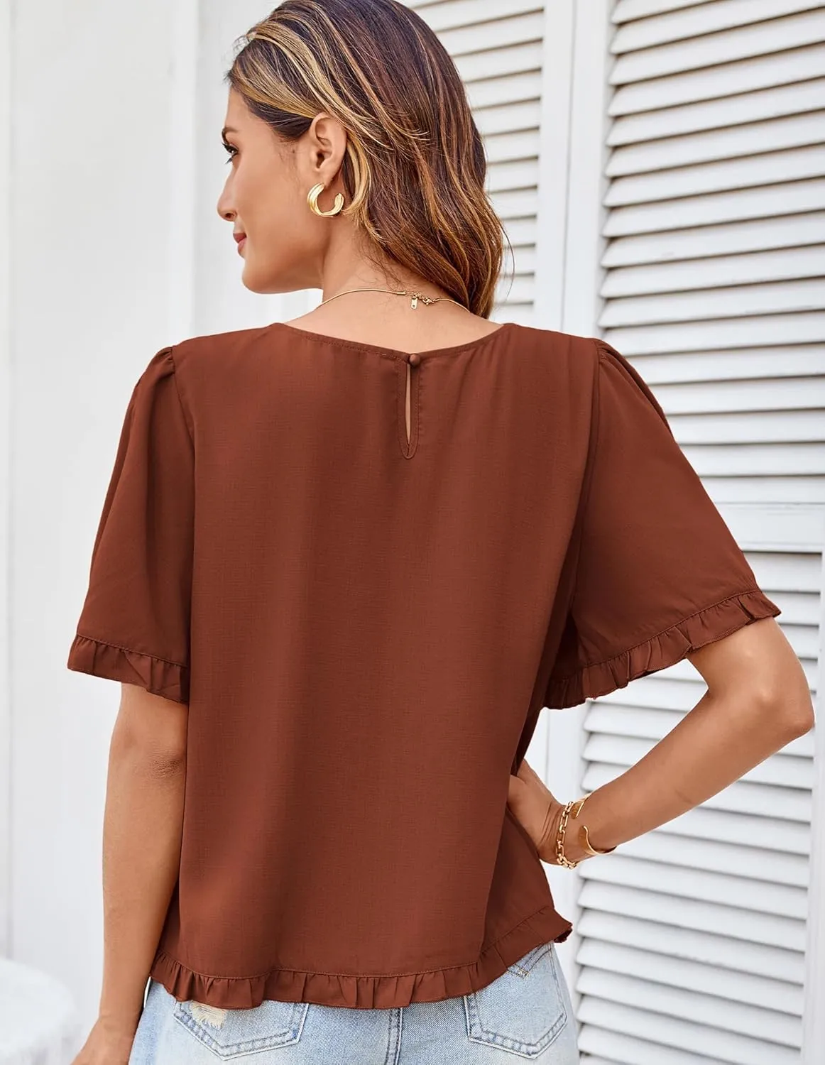 GRACE KARIN Women's 2025 Summer Babydoll Tops Casual Crewneck Ruffle Sleeve Shirts Loose Fit Pleated Blouse Outfits