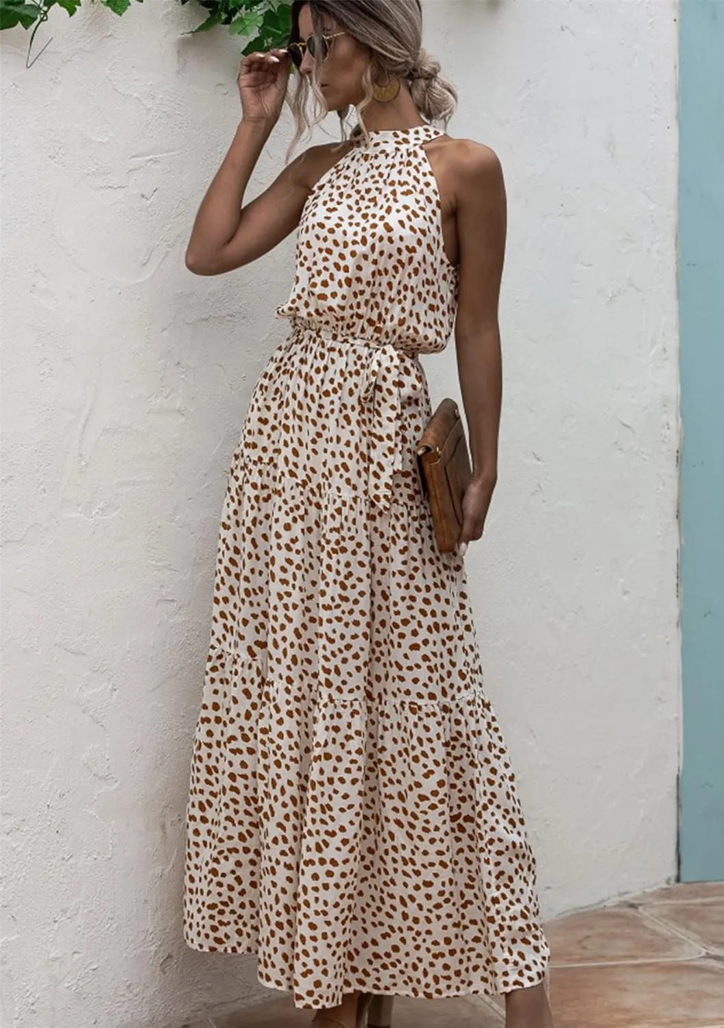 GRASWE Women Halter Neck Sleeveless Flowy Dress Boho Floral Print Dress Casual Waist Tie Maxi Dresses