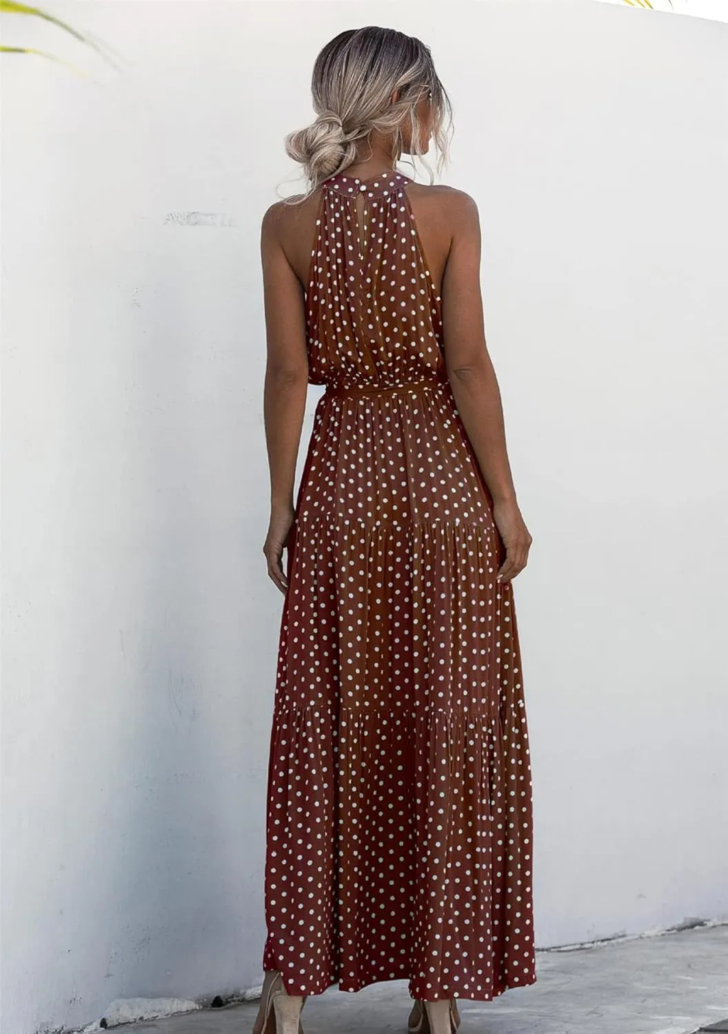 GRASWE Women Halter Neck Sleeveless Flowy Dress Boho Floral Print Dress Casual Waist Tie Maxi Dresses
