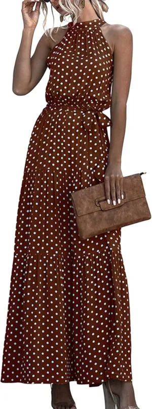 GRASWE Women Halter Neck Sleeveless Flowy Dress Boho Floral Print Dress Casual Waist Tie Maxi Dresses