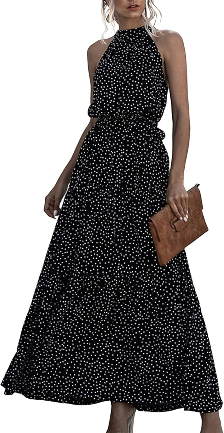 GRASWE Women Halter Neck Sleeveless Flowy Dress Boho Floral Print Dress Casual Waist Tie Maxi Dresses