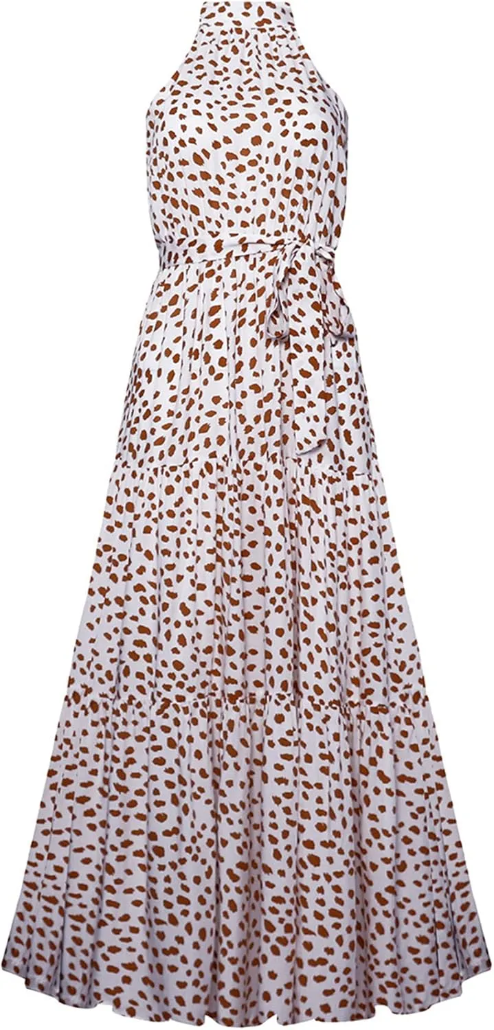 GRASWE Women Halter Neck Sleeveless Flowy Dress Boho Floral Print Dress Casual Waist Tie Maxi Dresses