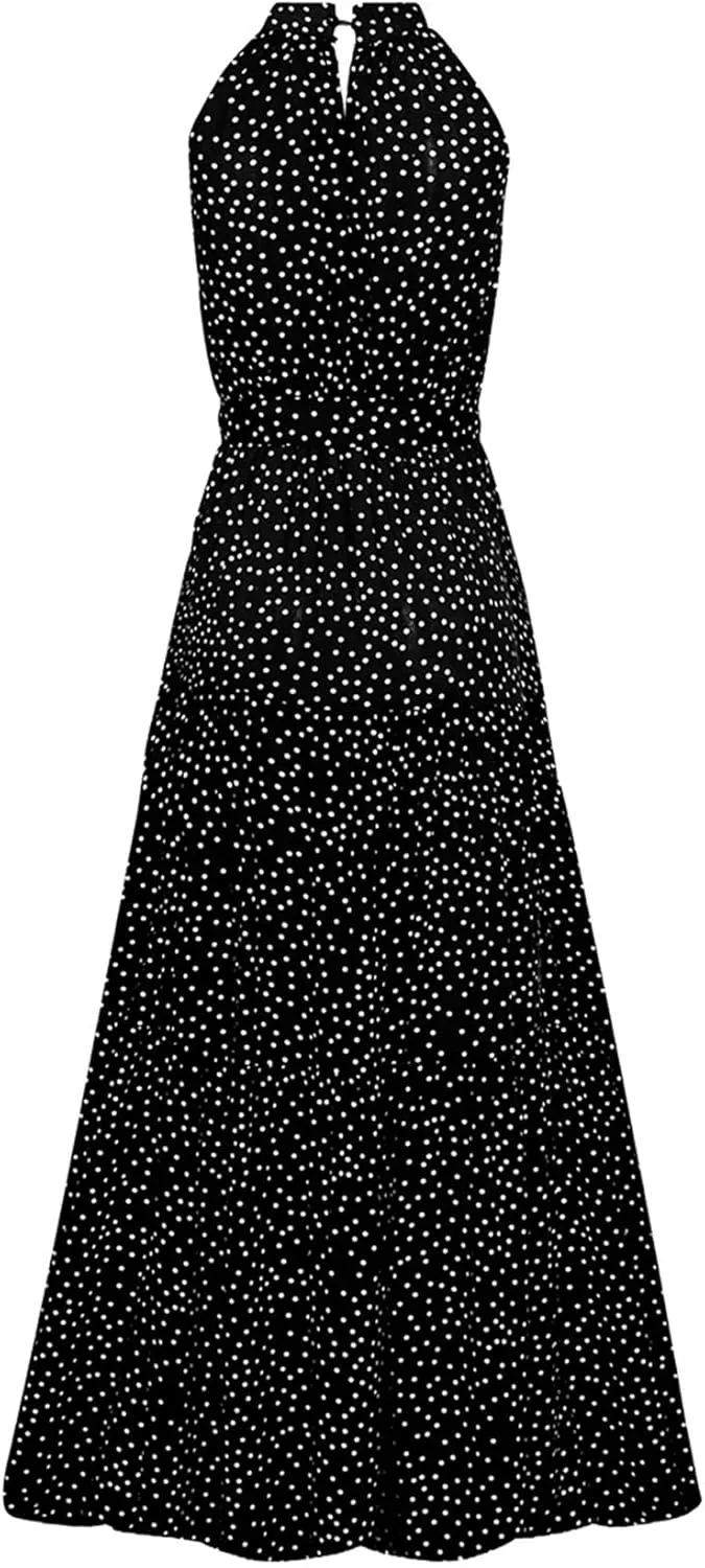 GRASWE Women Halter Neck Sleeveless Flowy Dress Boho Floral Print Dress Casual Waist Tie Maxi Dresses