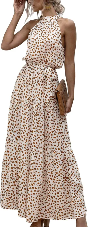 GRASWE Women Halter Neck Sleeveless Flowy Dress Boho Floral Print Dress Casual Waist Tie Maxi Dresses