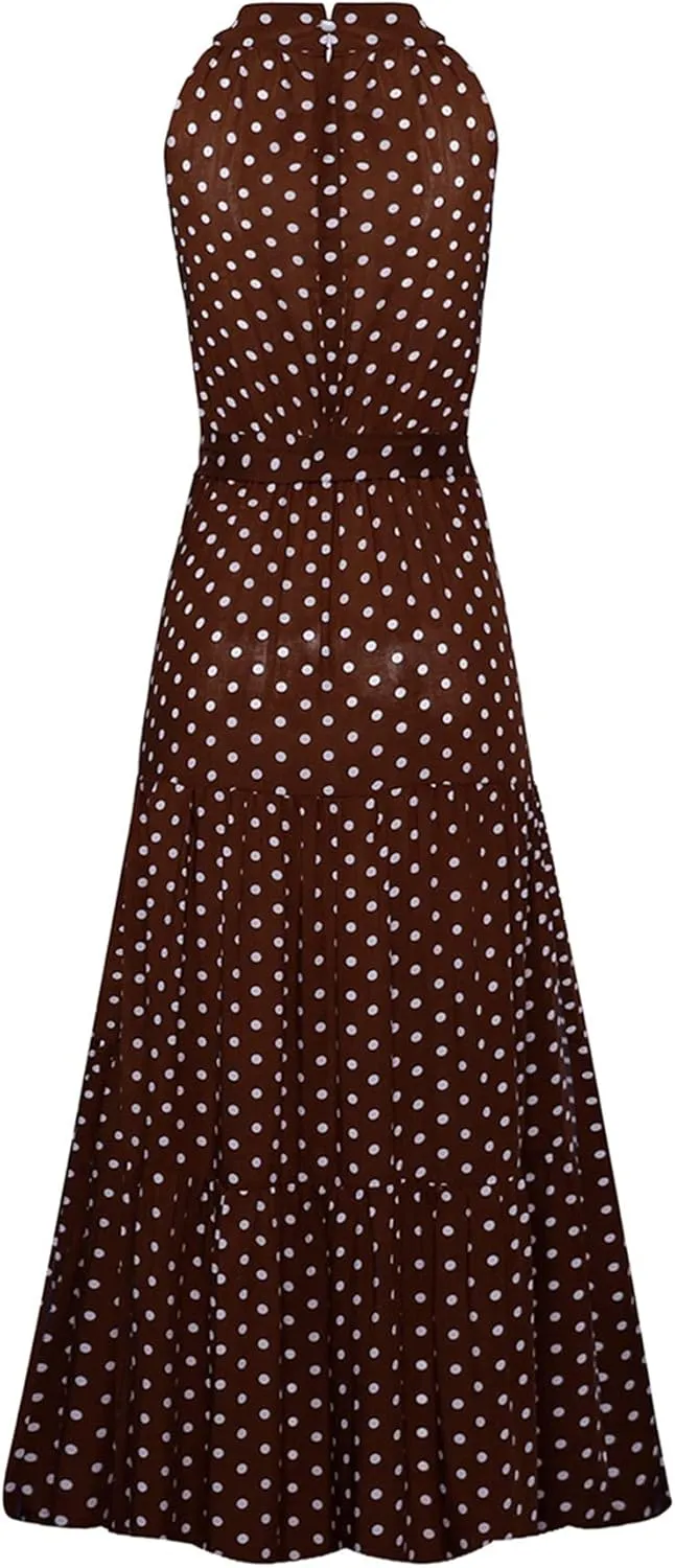 GRASWE Women Halter Neck Sleeveless Flowy Dress Boho Floral Print Dress Casual Waist Tie Maxi Dresses