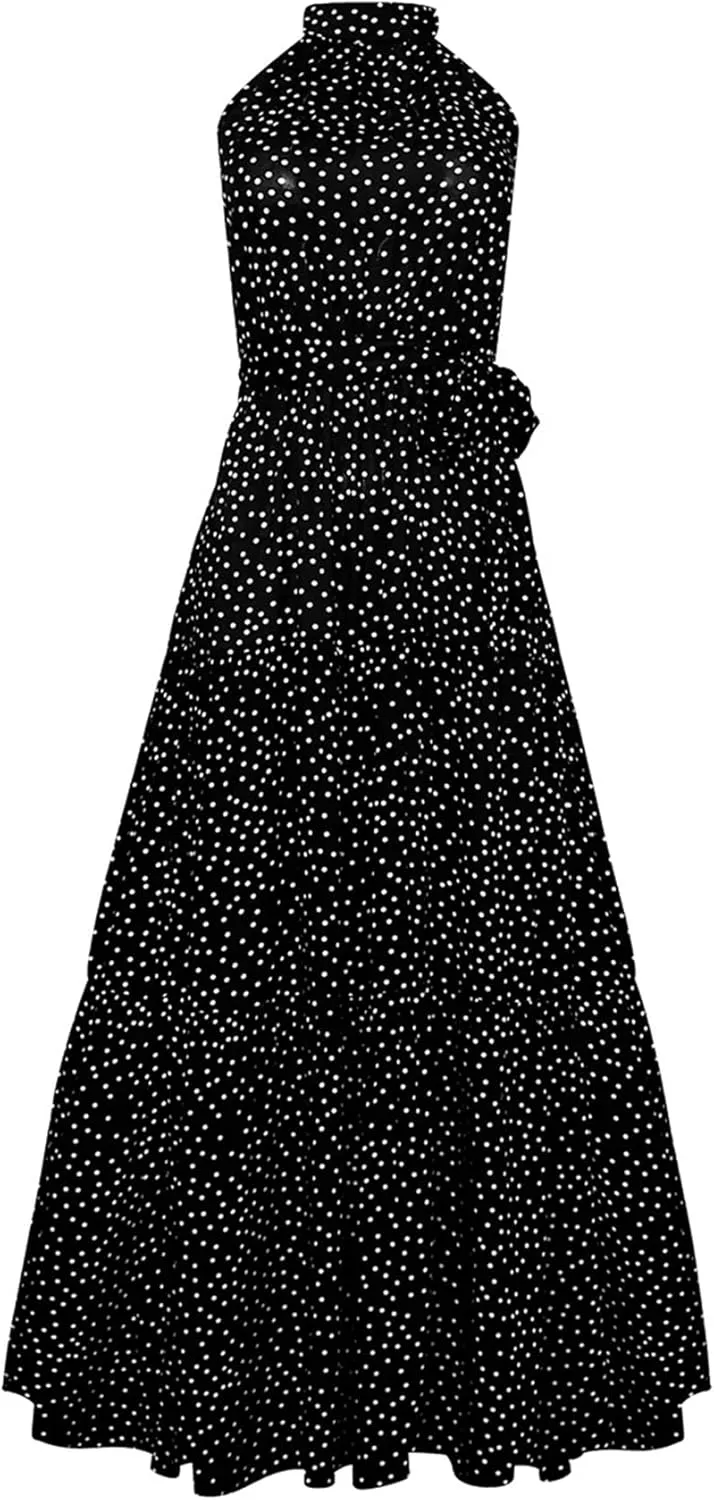 GRASWE Women Halter Neck Sleeveless Flowy Dress Boho Floral Print Dress Casual Waist Tie Maxi Dresses