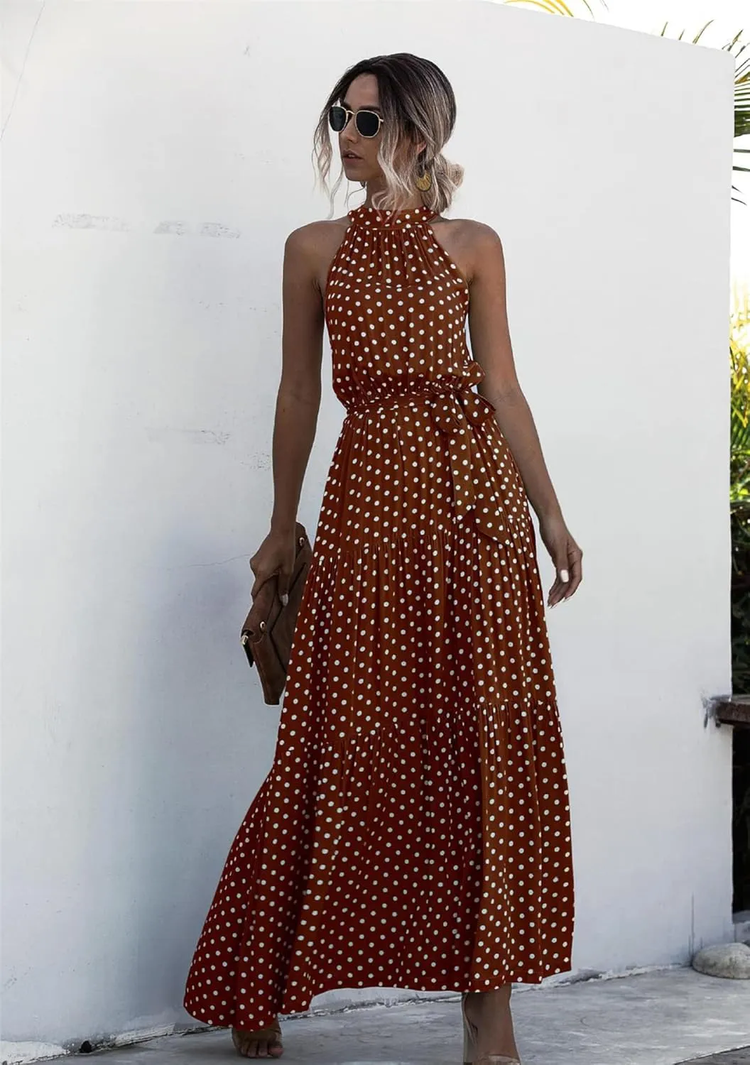 GRASWE Women Halter Neck Sleeveless Flowy Dress Boho Floral Print Dress Casual Waist Tie Maxi Dresses