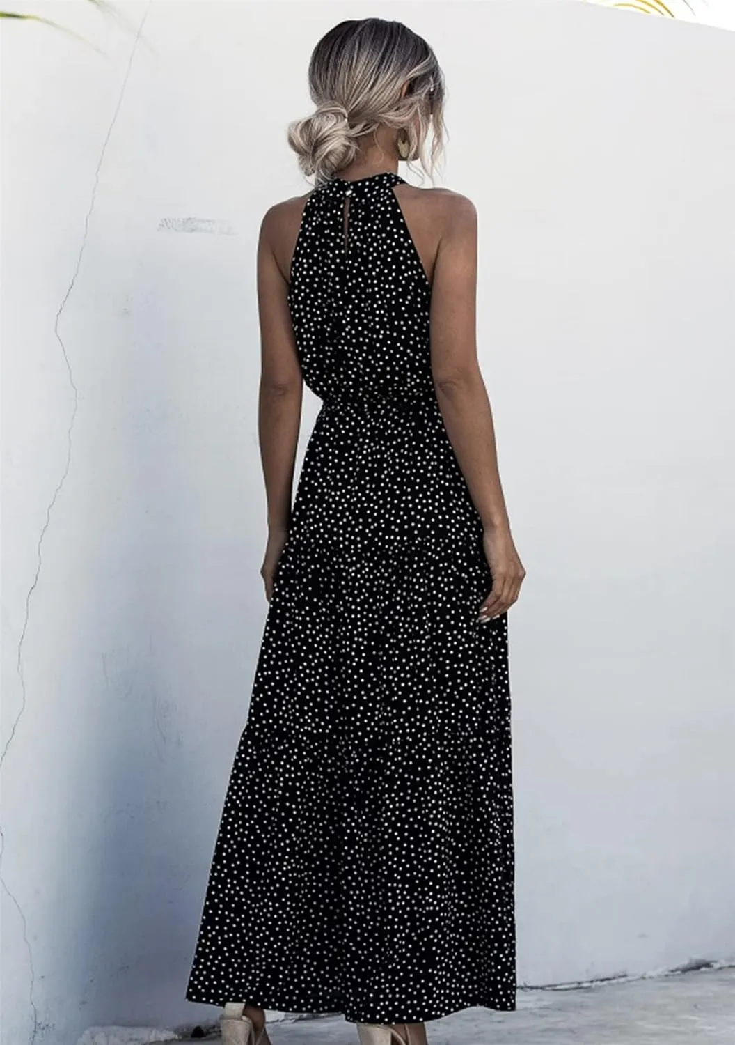 GRASWE Women Halter Neck Sleeveless Flowy Dress Boho Floral Print Dress Casual Waist Tie Maxi Dresses