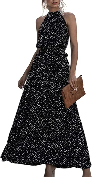 GRASWE Women Halter Neck Sleeveless Flowy Dress Boho Floral Print Dress Casual Waist Tie Maxi Dresses