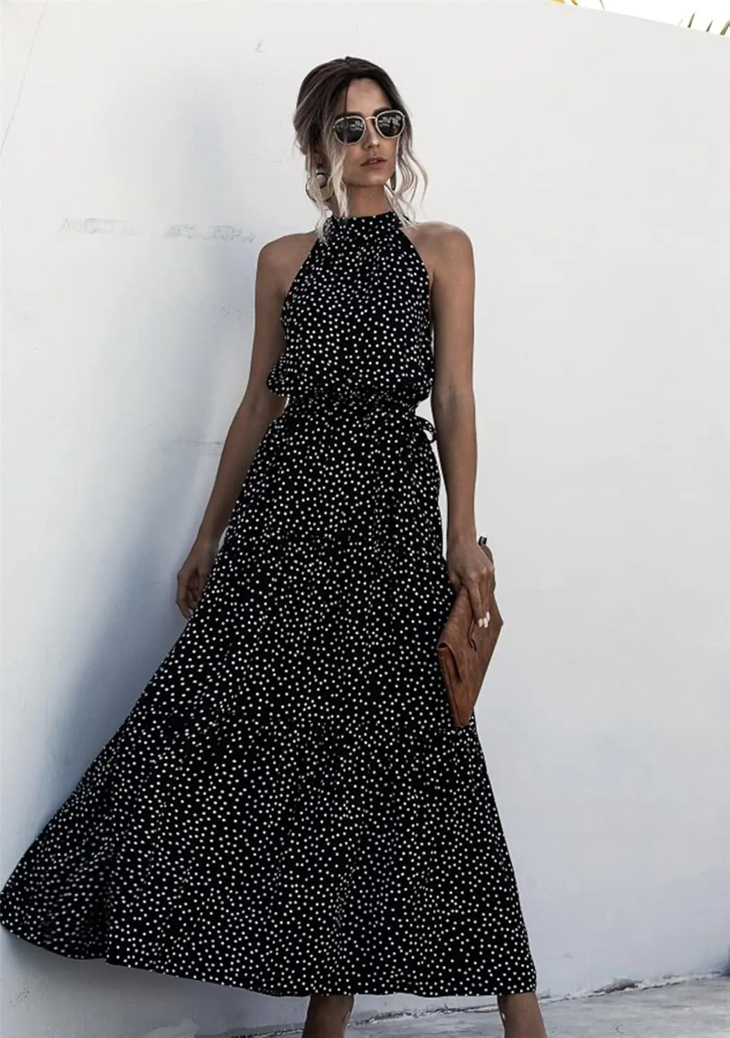 GRASWE Women Halter Neck Sleeveless Flowy Dress Boho Floral Print Dress Casual Waist Tie Maxi Dresses