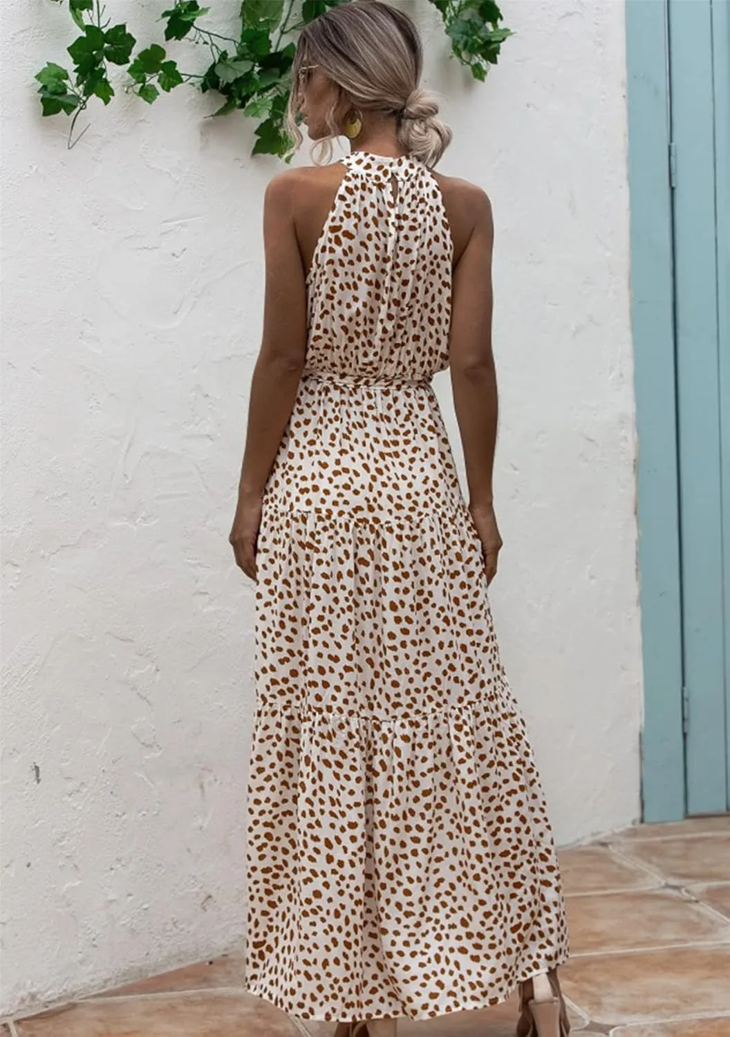 GRASWE Women Halter Neck Sleeveless Flowy Dress Boho Floral Print Dress Casual Waist Tie Maxi Dresses