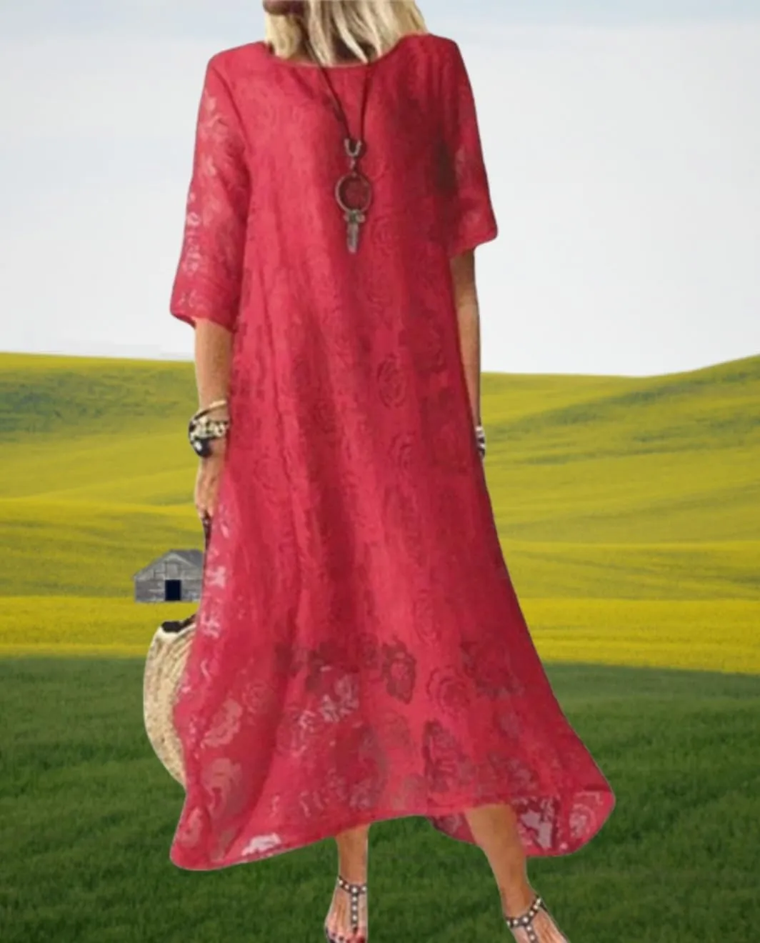 Guteidee Lace Dress for Womens Wedding Guest Chiffon Party Dress Half Sleeves Crew Neck Maxi Long Dress