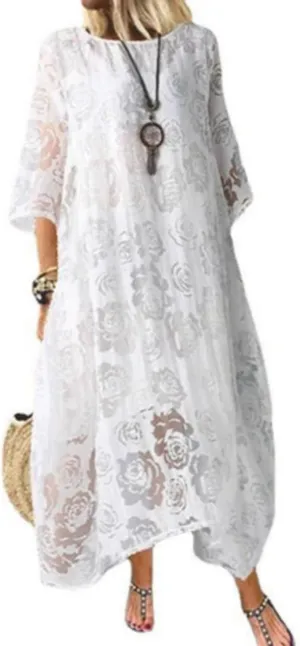 Guteidee Lace Dress for Womens Wedding Guest Chiffon Party Dress Half Sleeves Crew Neck Maxi Long Dress