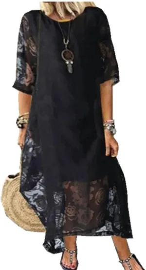 Guteidee Lace Dress for Womens Wedding Guest Chiffon Party Dress Half Sleeves Crew Neck Maxi Long Dress