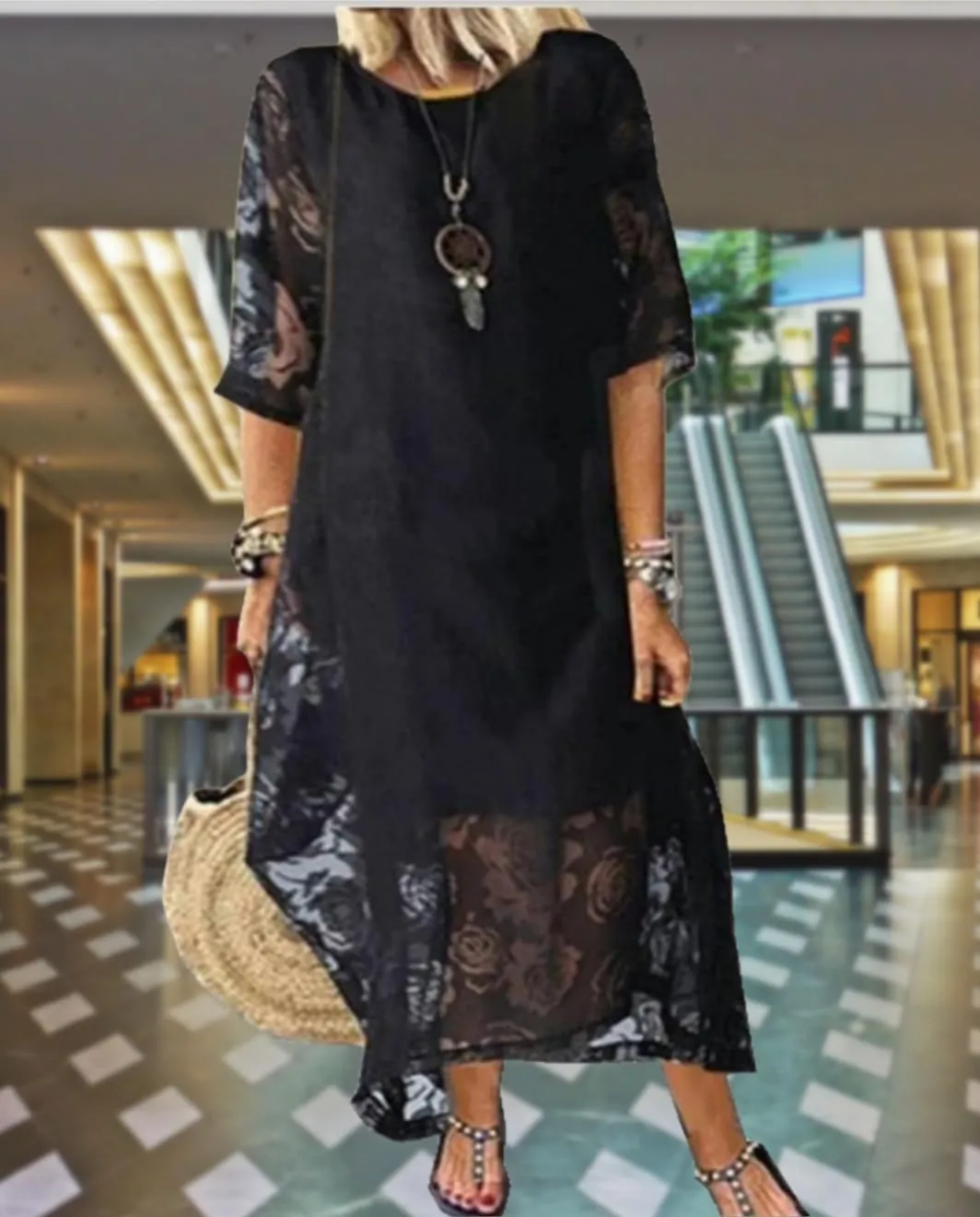 Guteidee Lace Dress for Womens Wedding Guest Chiffon Party Dress Half Sleeves Crew Neck Maxi Long Dress